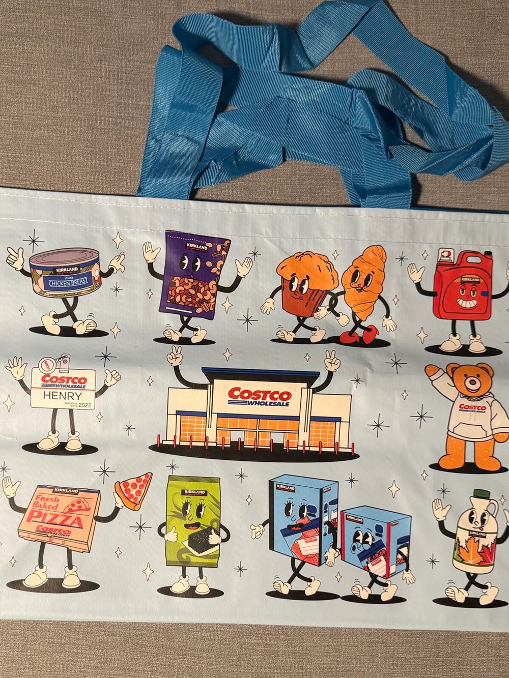 Kirklands Light Blue Reusable Tote with Playful Grocery Characters